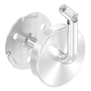 Nerezový držiak madla 12 mm s kĺbikom, platnička 70x2mm so 3 otvormi o7 mm s krycou rozetou, odstup od steny 75 mm, zvarený, 1.4301